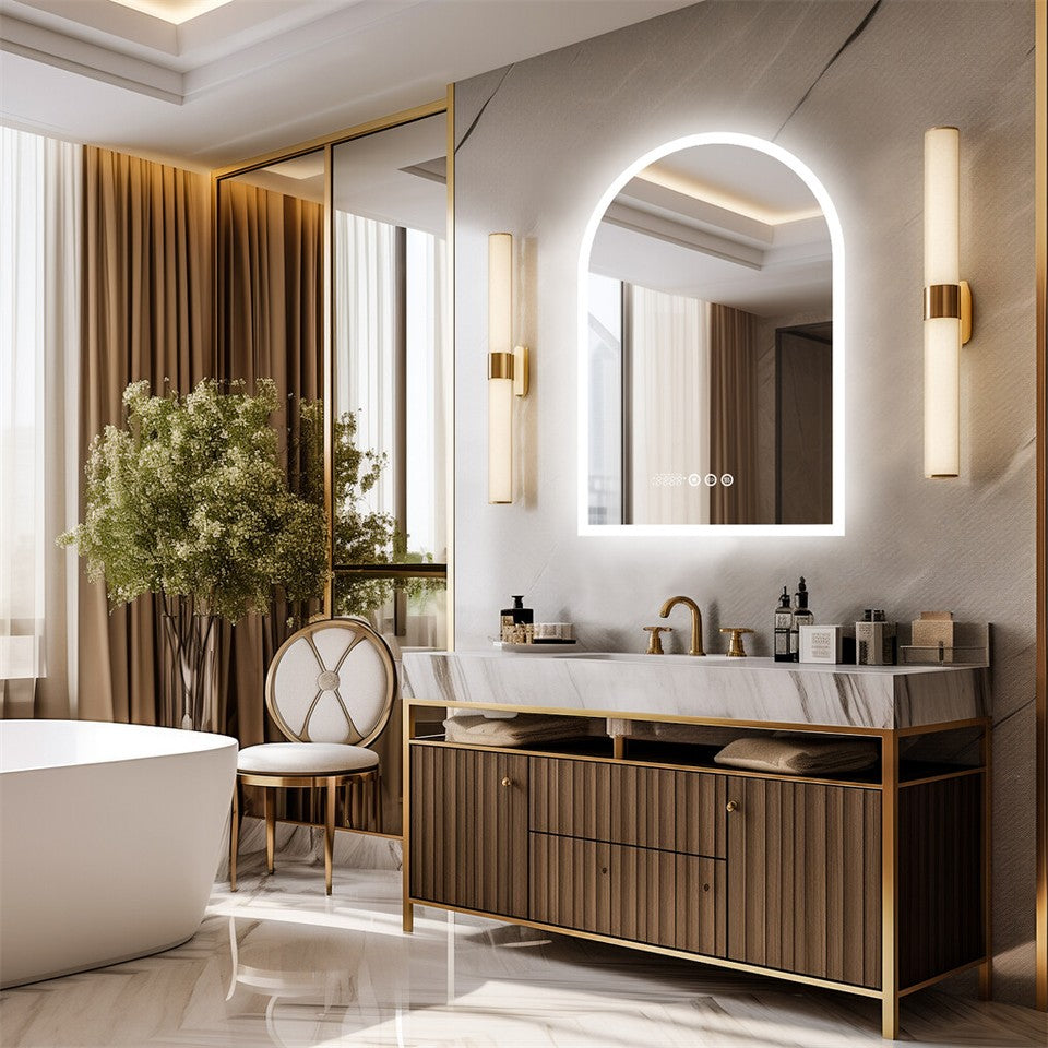 Arch LED bathroom vanity mirror with anti fog and time temperature display in matte white