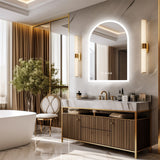 Arch LED bathroom vanity mirror with anti fog and time temperature display in matte white