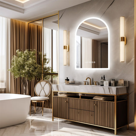 Arch LED bathroom vanity mirror with anti fog and time temperature display in matte white