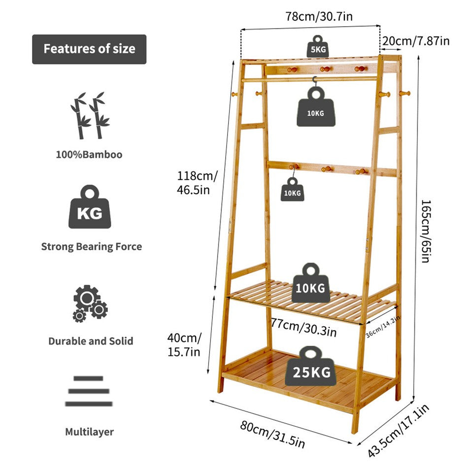Indented Head Bamboo Garment Rack, Natural