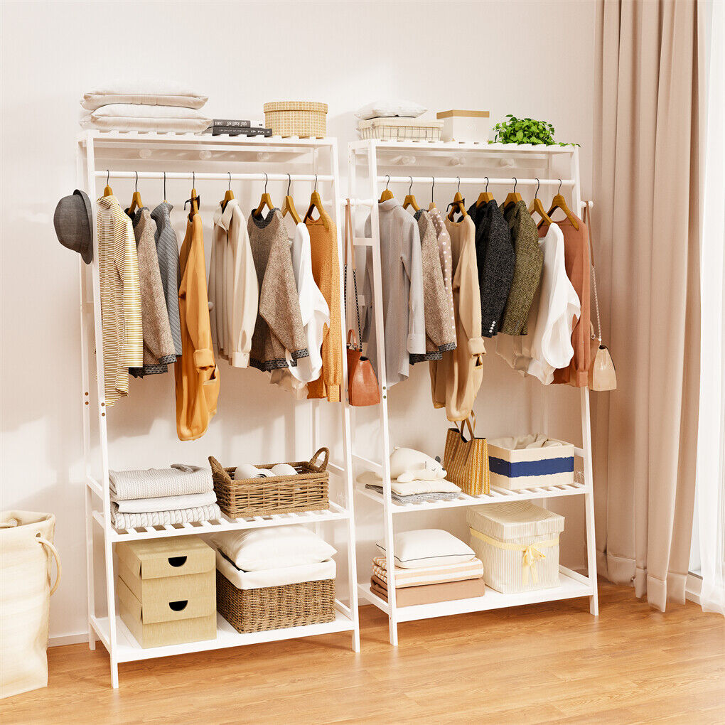Indented Head Bamboo Garment Rack, White