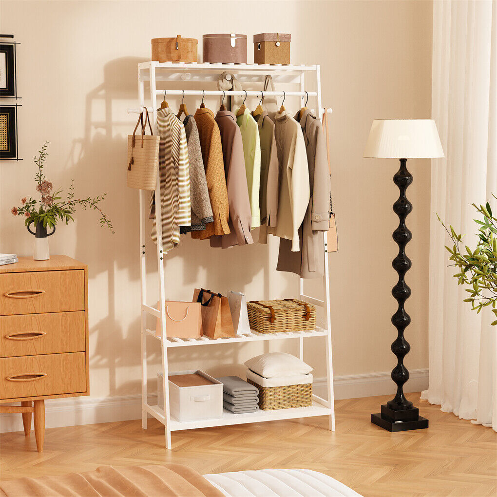Indented Head Bamboo Garment Rack, White