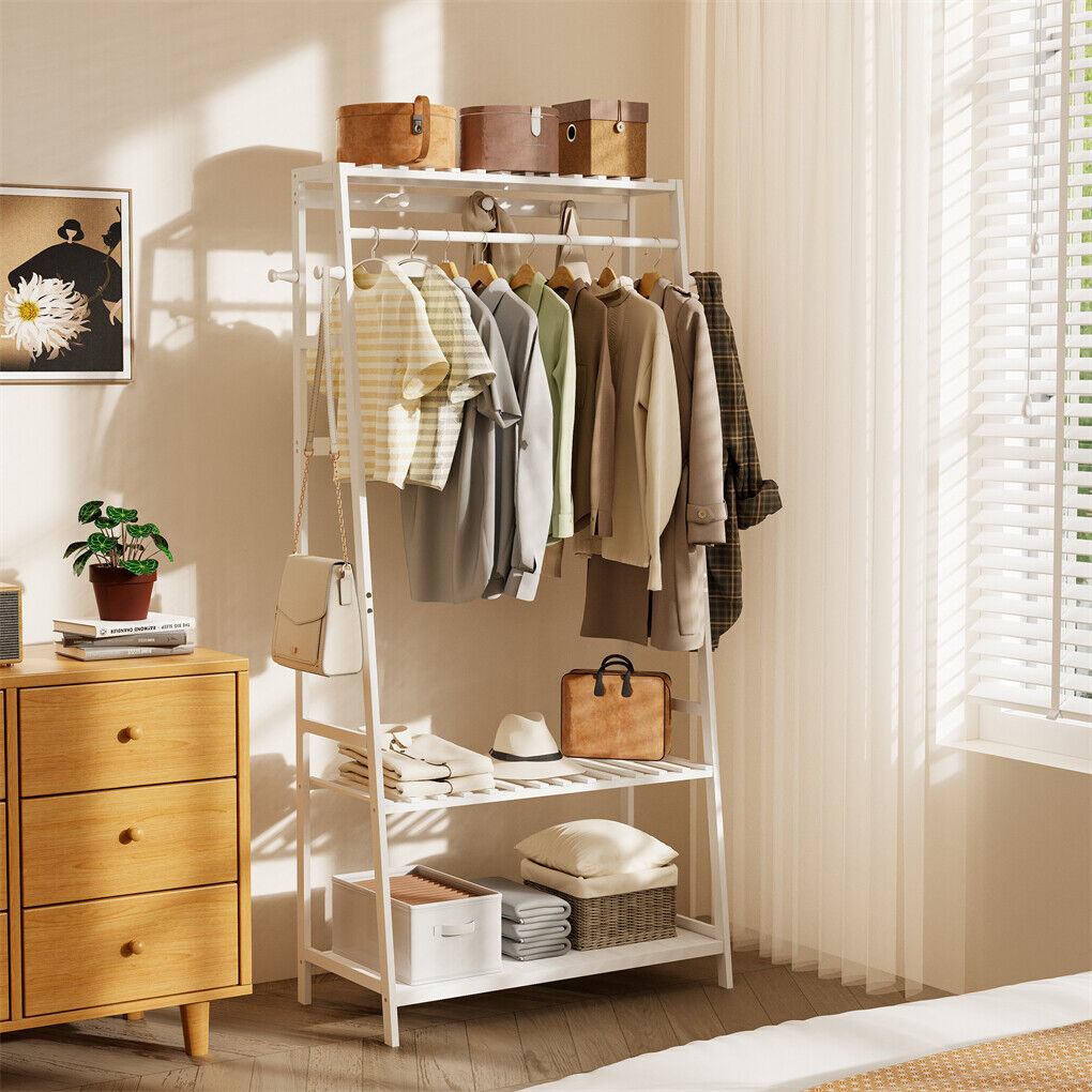 Indented Head Bamboo Garment Rack, White