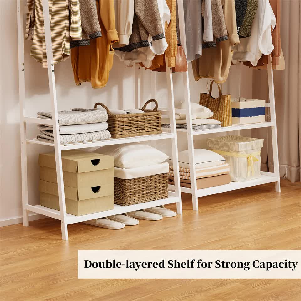 Indented Head Bamboo Garment Rack, White