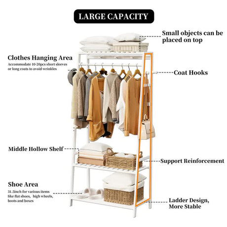 Indented Head Bamboo Garment Rack, White