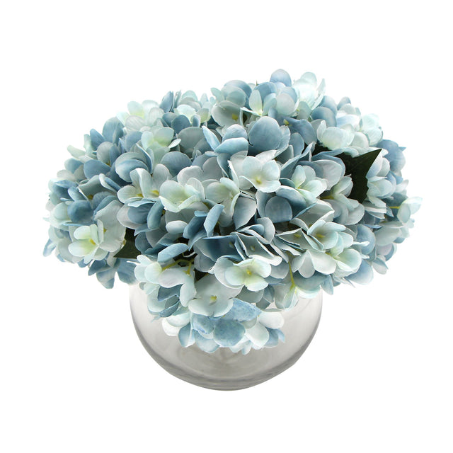 Premium artificial blue hydrangea in glass vase 23cm showing lifelike bloom detail — Allure Home Collections