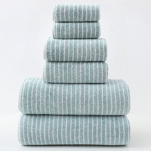 Green striped cotton towel set of 6 with bath, hand and face towels