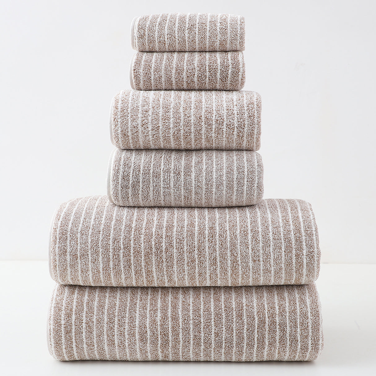 Brown striped cotton towel set of 6 with bath, hand and face towels