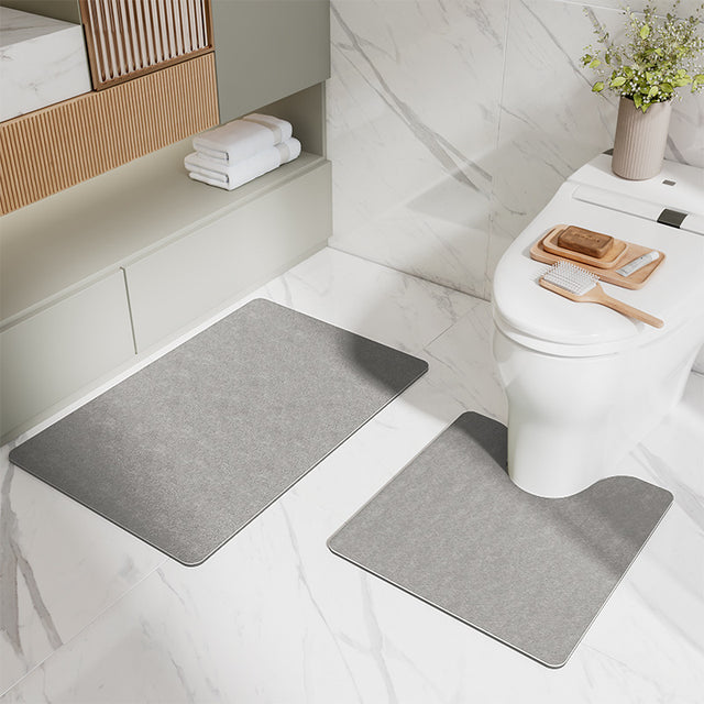 Grey two piece bathroom mat set with U shaped toilet mat and rectangular mat