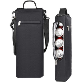 Insulated beverage cooler bag holding six cans with shoulder strap