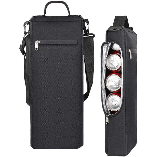 Insulated beverage cooler bag holding six cans with shoulder strap