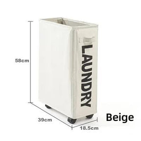 Albury beige rolling 42L Oxford fabric laundry basket on wheels in a laundry