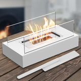 White tabletop bioethanol fireplace with glass panels