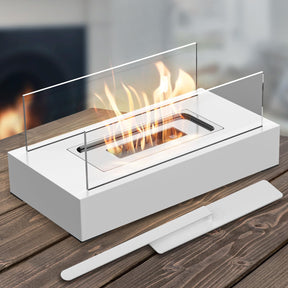 White tabletop bioethanol fireplace with glass panels