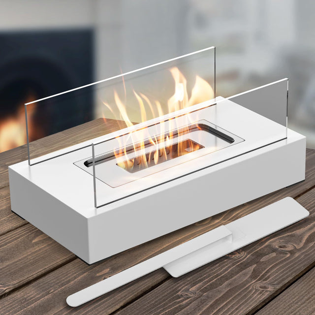 White tabletop bioethanol fireplace with glass panels