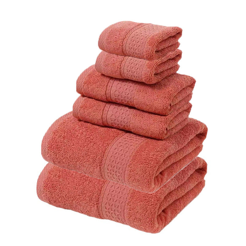 Red 100% cotton six piece towel set with two bath towels, two hand towels and two face washers stacked