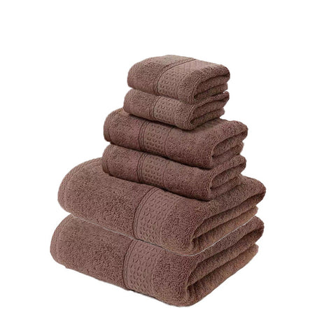 Brown 6 piece cotton towel set with 2 bath towels, 2 hand towels and 2 face washers
