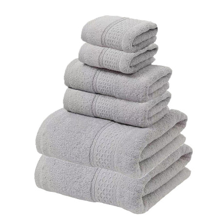 Six piece light grey cotton towel set with two bath towels, two hand towels and two face towels