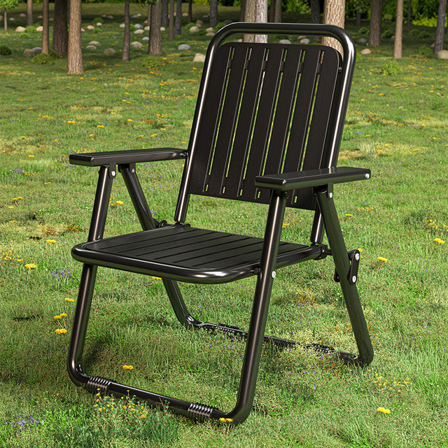 Black folding camp recliner chair reclined with aluminium frame