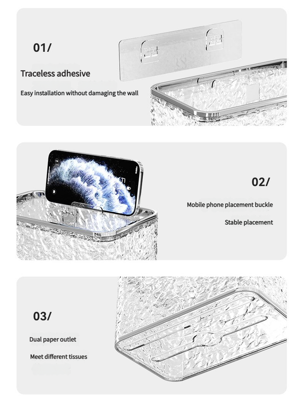 Close view of the rippled wave texture on the clear tissue holder shell