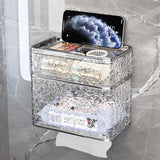 Transparent tissue box holder sitting on a bathroom vanity benchtop