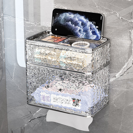 Transparent tissue box holder sitting on a bathroom vanity benchtop