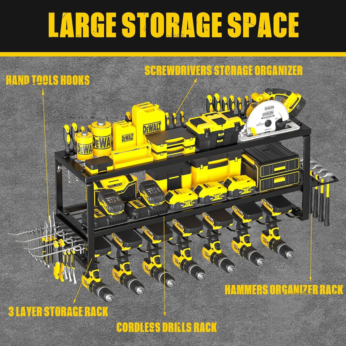 3 Tier Wall Mounted Power Tool Organiser Rack holding cordless drills