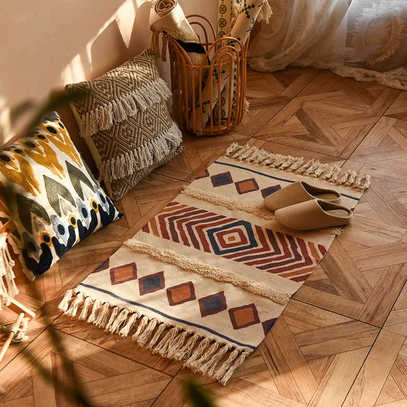 Handwoven Cotton Tassel Rug – Modern Design, 60x90cm