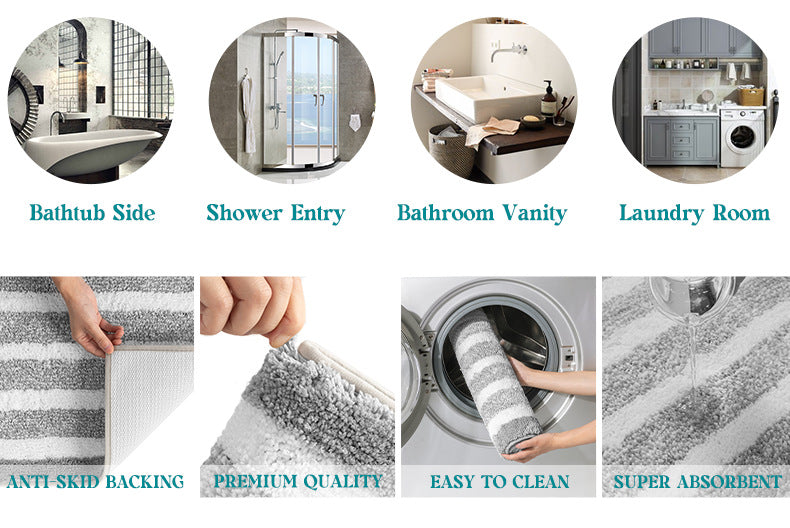 Absorbent Striped Bathroom Rug - Non-Slip Bath Mat for Bathroom, Toilet & Shower Entrance