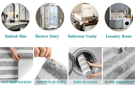 Absorbent Striped Bathroom Rug - Non-Slip Bath Mat for Bathroom, Toilet & Shower Entrance