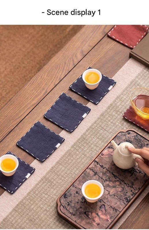 Rose Red Chinese Style Linen Coasters - Set of 4, Hand-Embroidered Tea Mats (9x9cm)