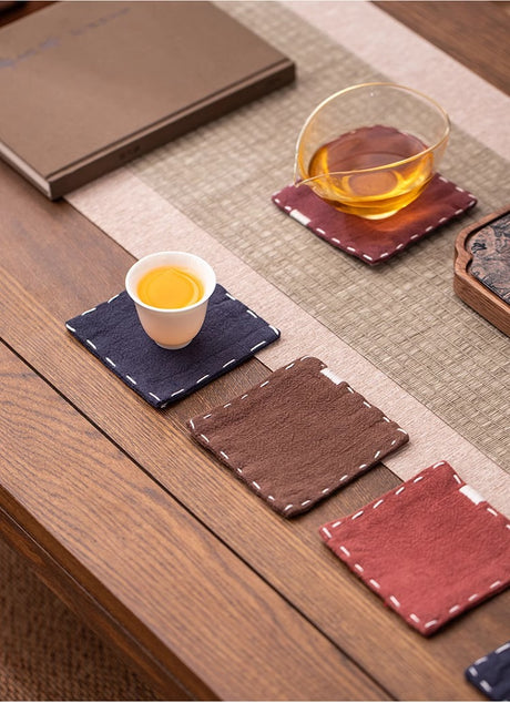 Yellow Chinese Style Linen Coasters - Set of 4, Hand-Embroidered Tea Mats (9x9cm)