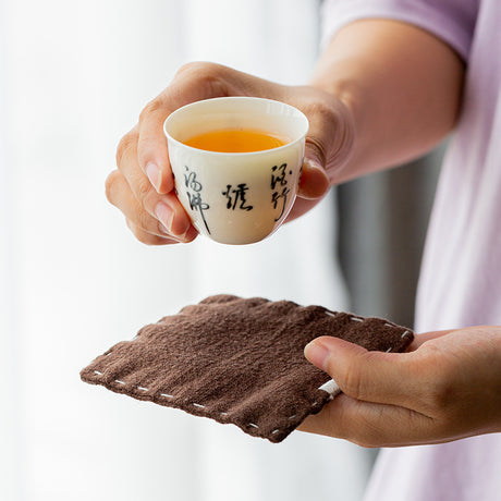 Brown Chinese Style Linen Coasters - Set of 4, Hand-Embroidered Tea Mats (9x9cm)