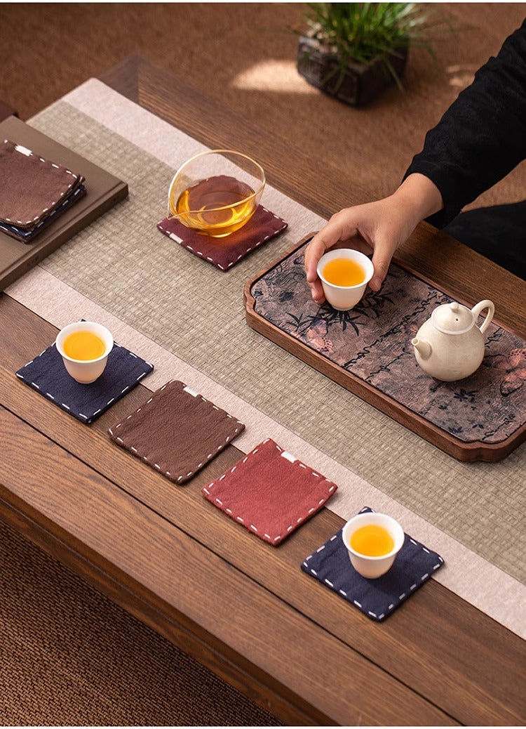 Brown Chinese Style Linen Coasters - Set of 4, Hand-Embroidered Tea Mats (9x9cm)