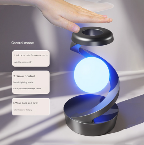 Grey-Black Modern Levitating LED Desk Lamp with Wireless Phone Charger - Spiral Design Atmosphere Light