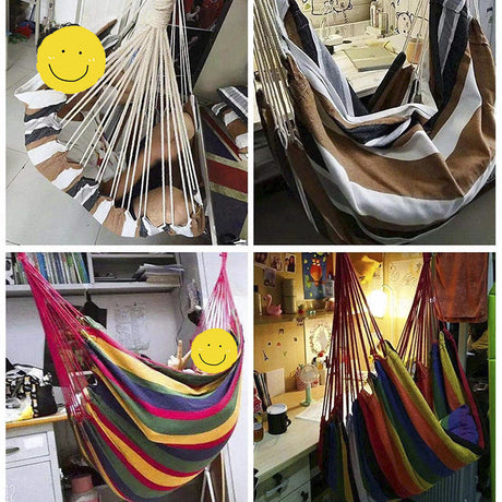 Colorful Striped Hammock Chair with Ropes and Storage Bag - White