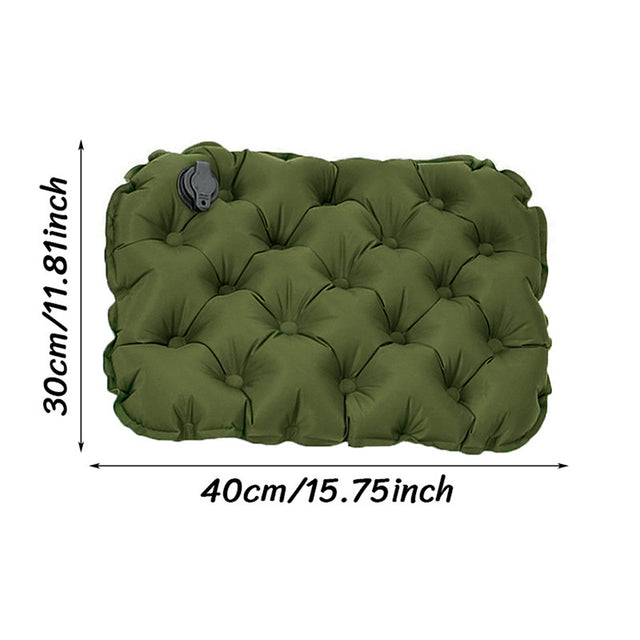 Olive green inflatable seat cushion for outdoor seating