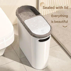 Kaikoura white slim press top bin with storage compartment in a bathroom