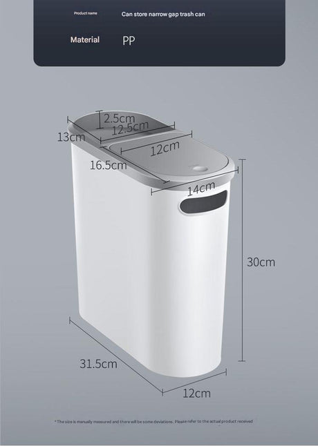 Slim Press-Top Trash Can with Top Storage Compartment - Narrow Design for Bathroom & Small Spaces(White cover + ash bucket)