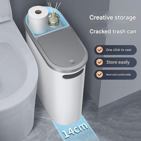 Kaikoura ash slim press top bin with storage compartment in a bathroom