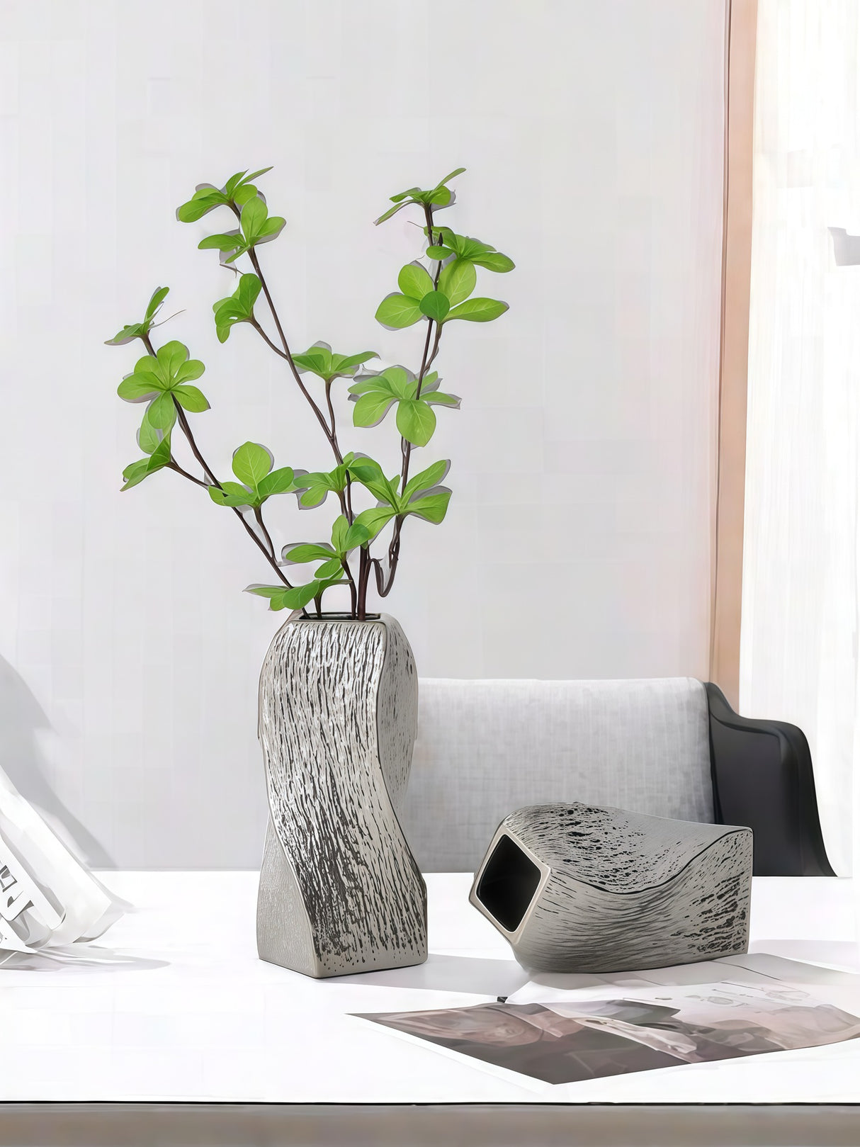 Bettona Twisted Ceramic Vase, Silver