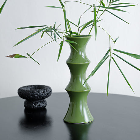 Glossy green ceramic bamboo style vase