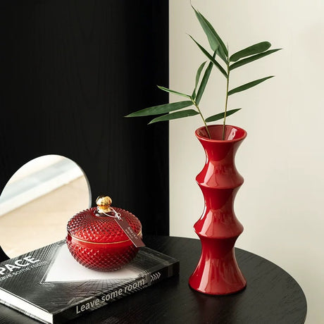 Glossy red ceramic bamboo style vase