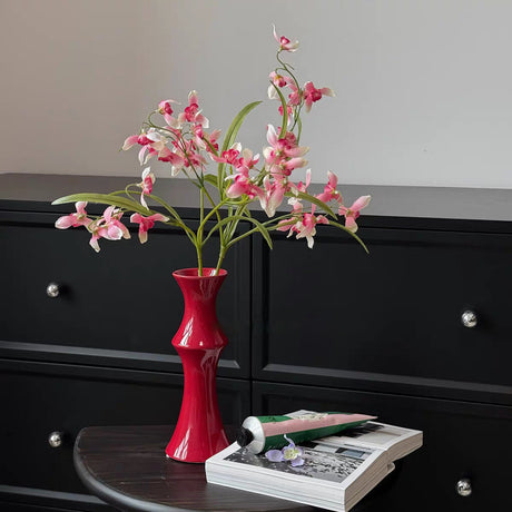 Red ceramic bamboo style vase