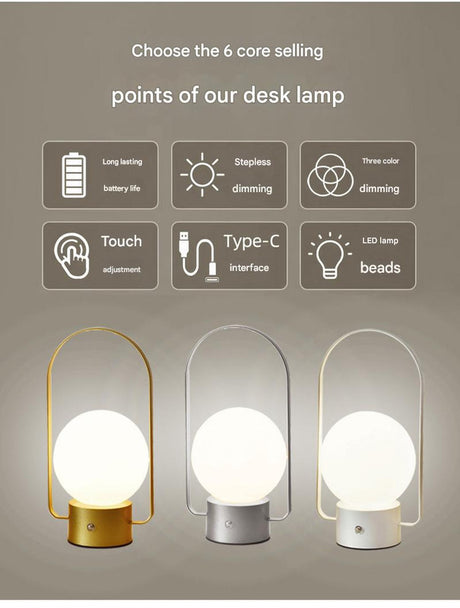 Silver Portable Rechargeable LED Lantern Lamp - Touch Control 3-Color Dimmable Desk Light