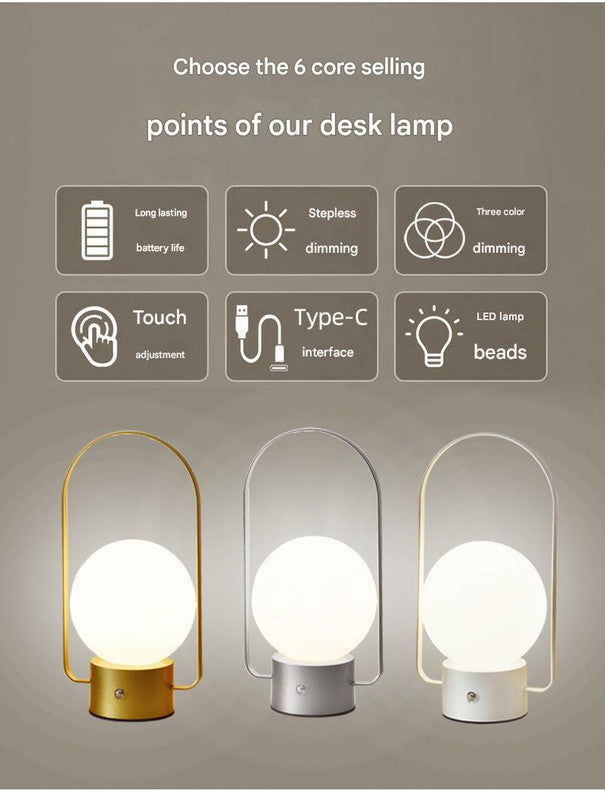 Gold Portable Rechargeable LED Lantern Lamp - Touch Control 3-Color Dimmable Desk Light