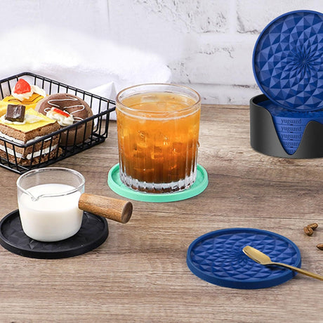 Black Geometric Silicone Drink Coasters Set (6 Pack) with Holder - Non-Slip Table Protectors