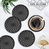 Black Geometric Silicone Drink Coasters Set (6 Pack) with Holder - Non-Slip Table Protectors