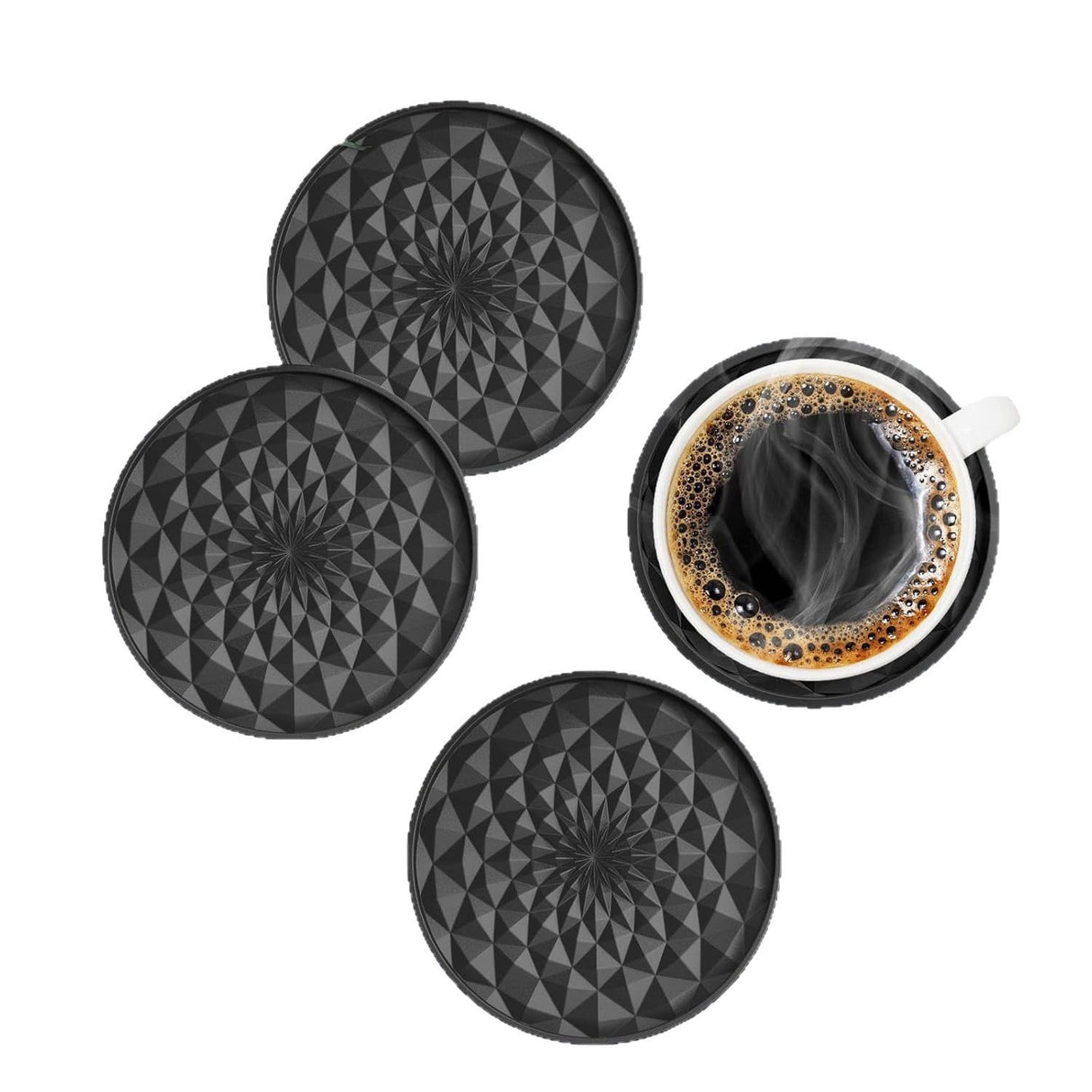 Red and Black Geometric Silicone Drink Coasters Set (6 Pack) with Holder - Non-Slip Table Protectors