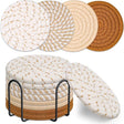 Beige and Khaki Absorbent Woven Cotton Coasters - Set of 8 with Metal Holder - Heat Resistant Drink Mats for Table Protection
